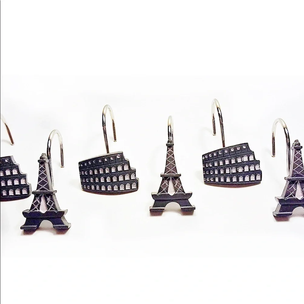 Paris Eiffel Tower Shower Curtain Hooks Silver Black Gray Set of 12